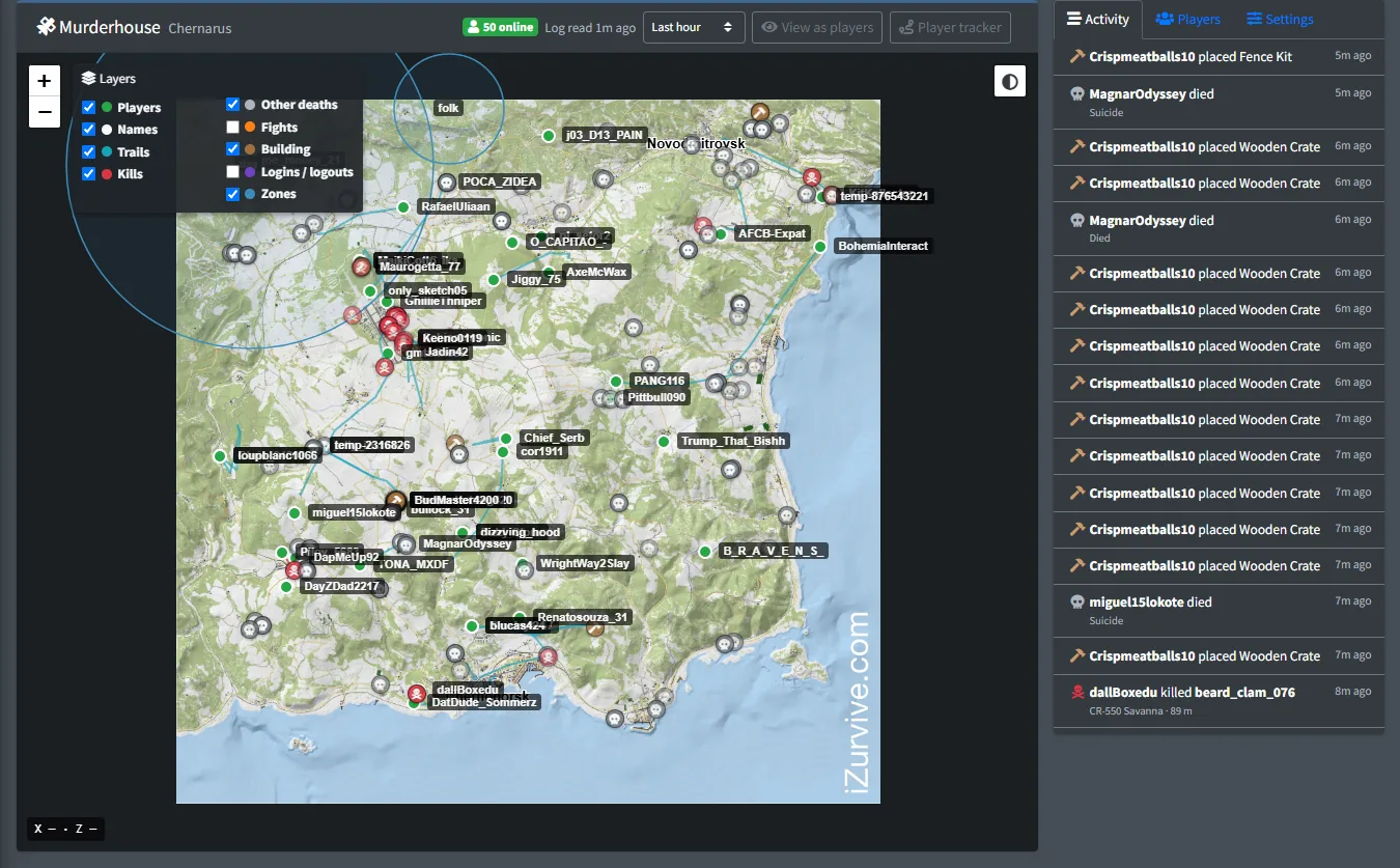Live maps: The admin view: 50 players online with names, trails, building and zones.