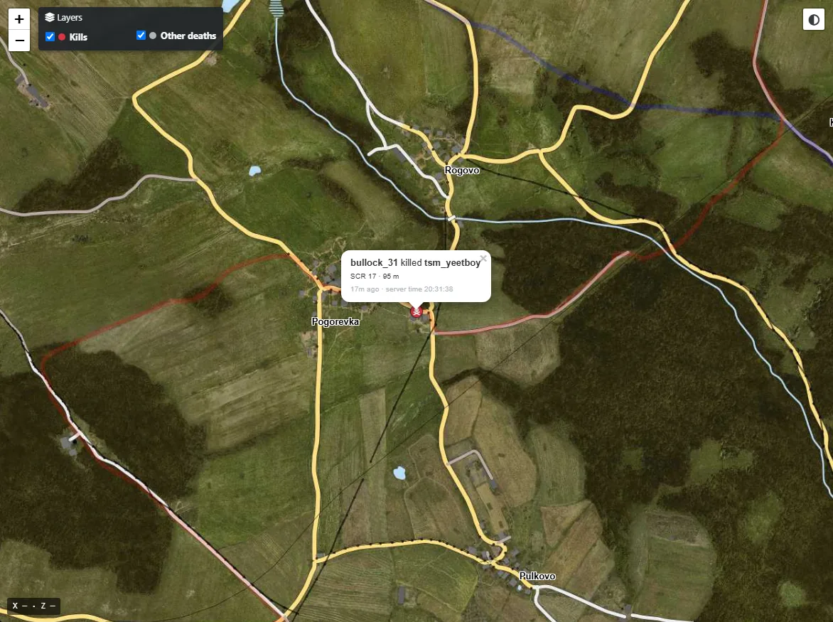 Live maps: Same map in the dark style: a 95 m kill near Pogorevka.