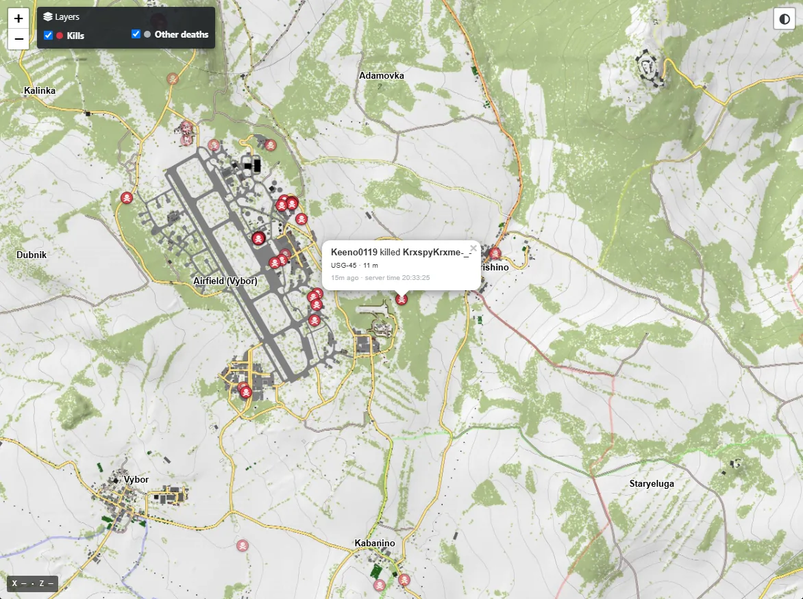 Live maps: Click a kill: who, with what and from how far, at the airfield.