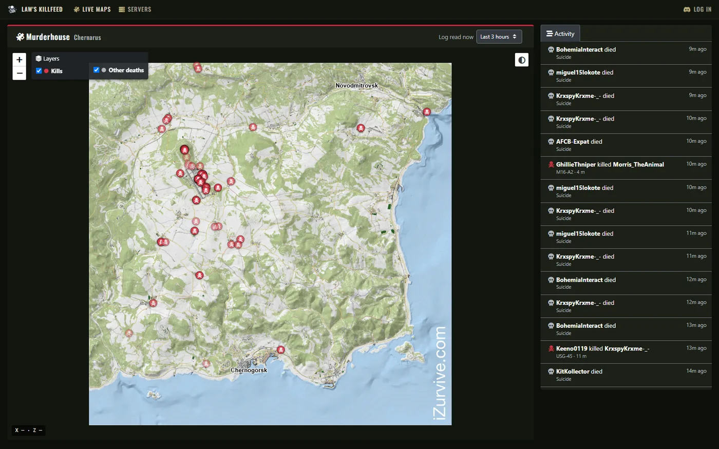 Live maps: Murderhouse over the last 3 hours, with the activity feed on the right.