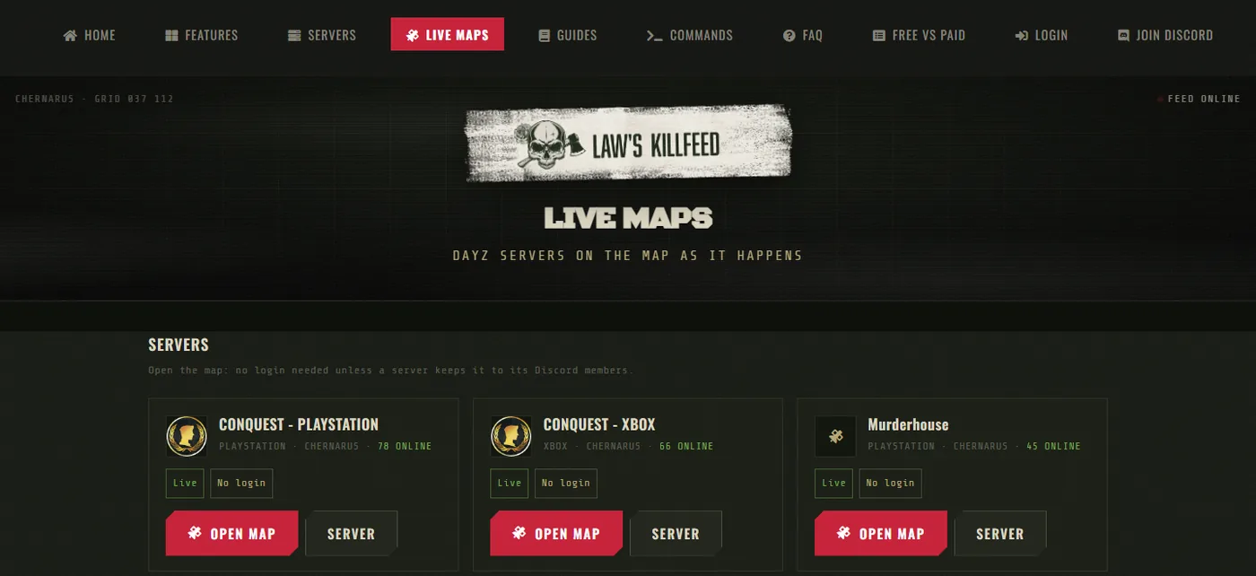 Server list: The Live Maps page: every map open to players.