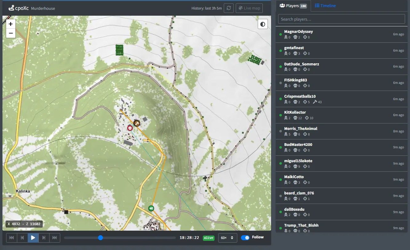 Player tracker: Everyone the bot has seen, with kills, deaths, hits and building. Green means online.